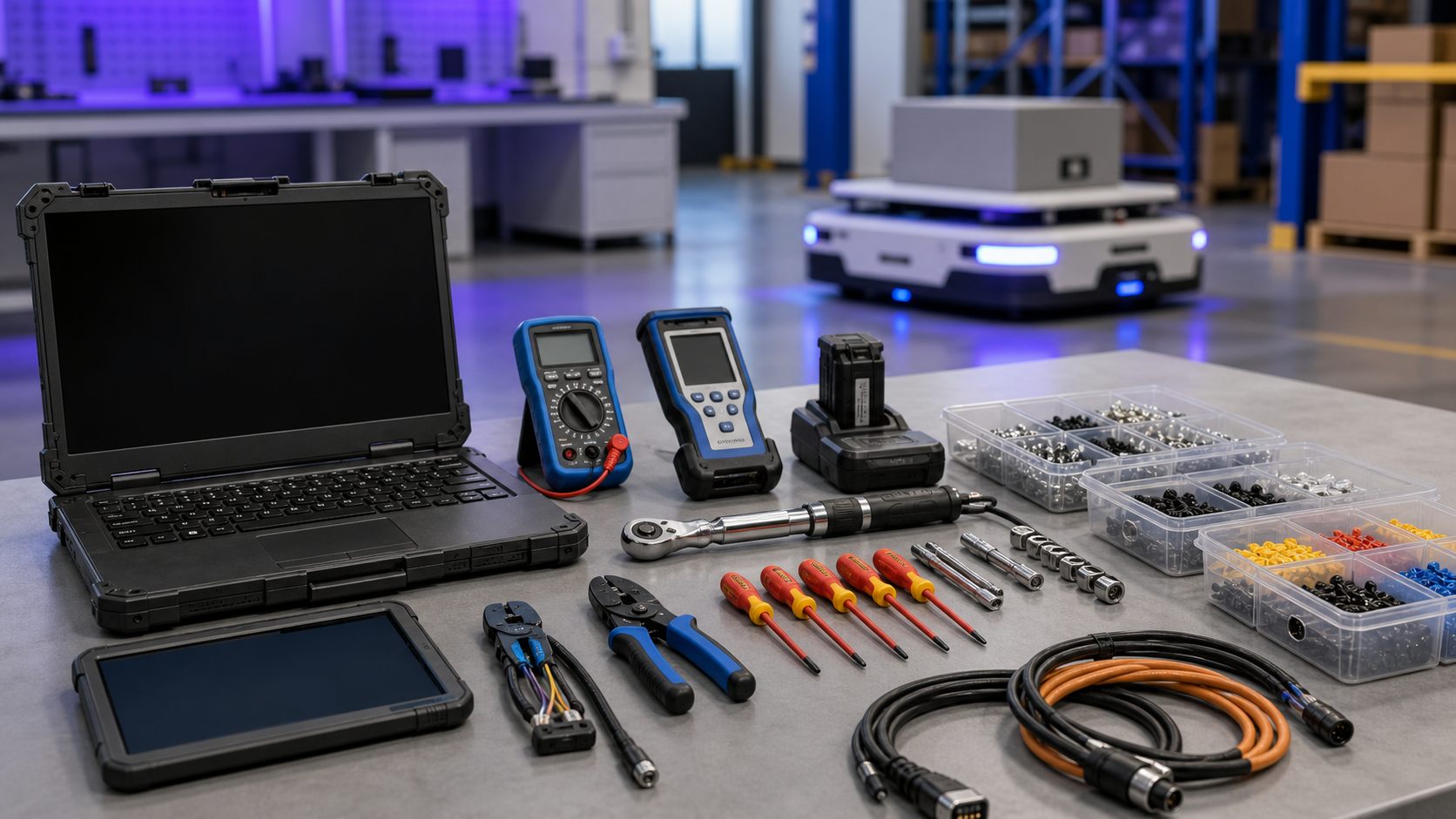 Commissioning toolkit with laptop, tablet, electrical test equipment, crimping tools, connectors, fasteners, scanners, and service spares for AMR and AGV teams