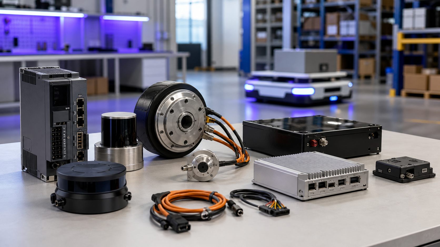 AMR and AGV robot components including LiDAR sensors, drive motors, controllers, cables, and battery modules on an industrial workbench