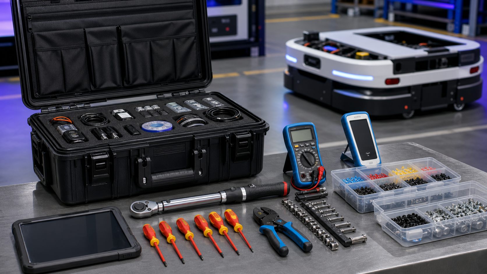 AMR and AGV installation and maintenance toolkit with torque wrench, multimeter, cable tester, connectors, fasteners, and service case