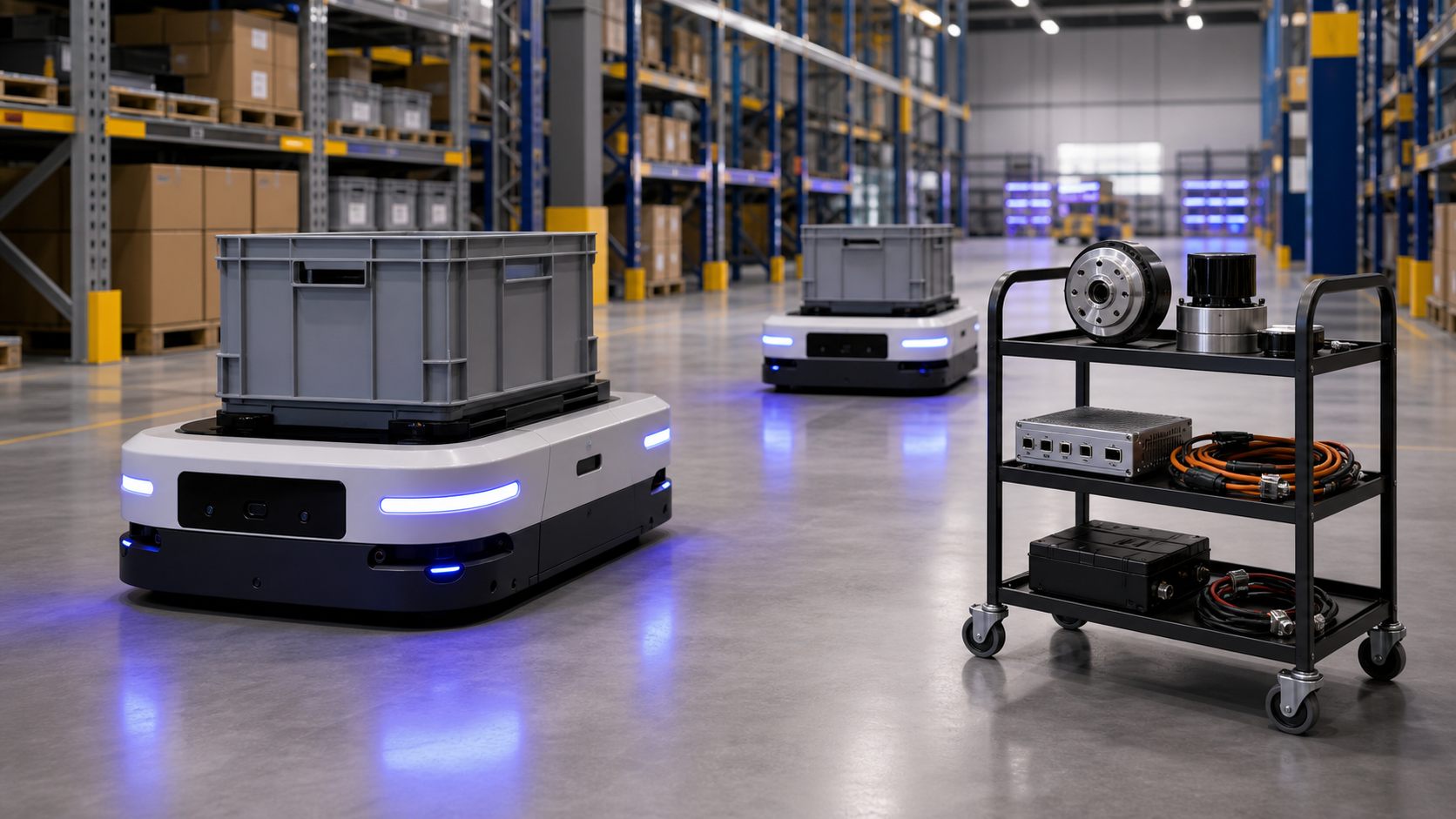 Autonomous mobile robots in a warehouse aisle with a service cart holding AMR and AGV replacement components