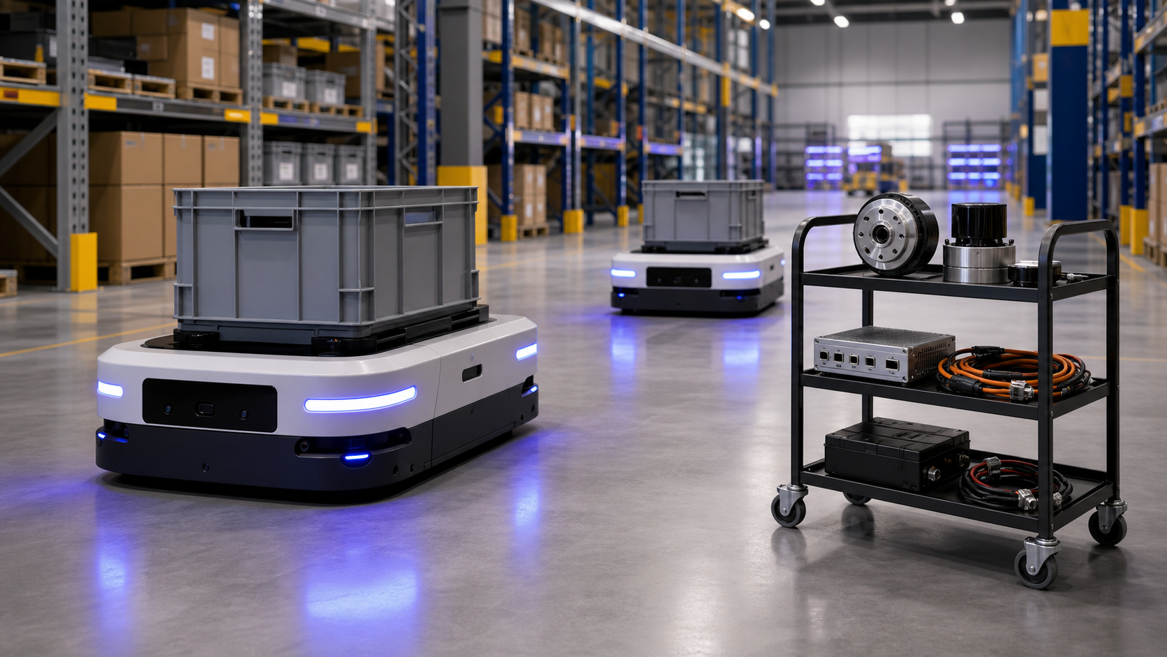 Autonomous mobile robots in a warehouse aisle with a service cart holding AMR and AGV replacement components