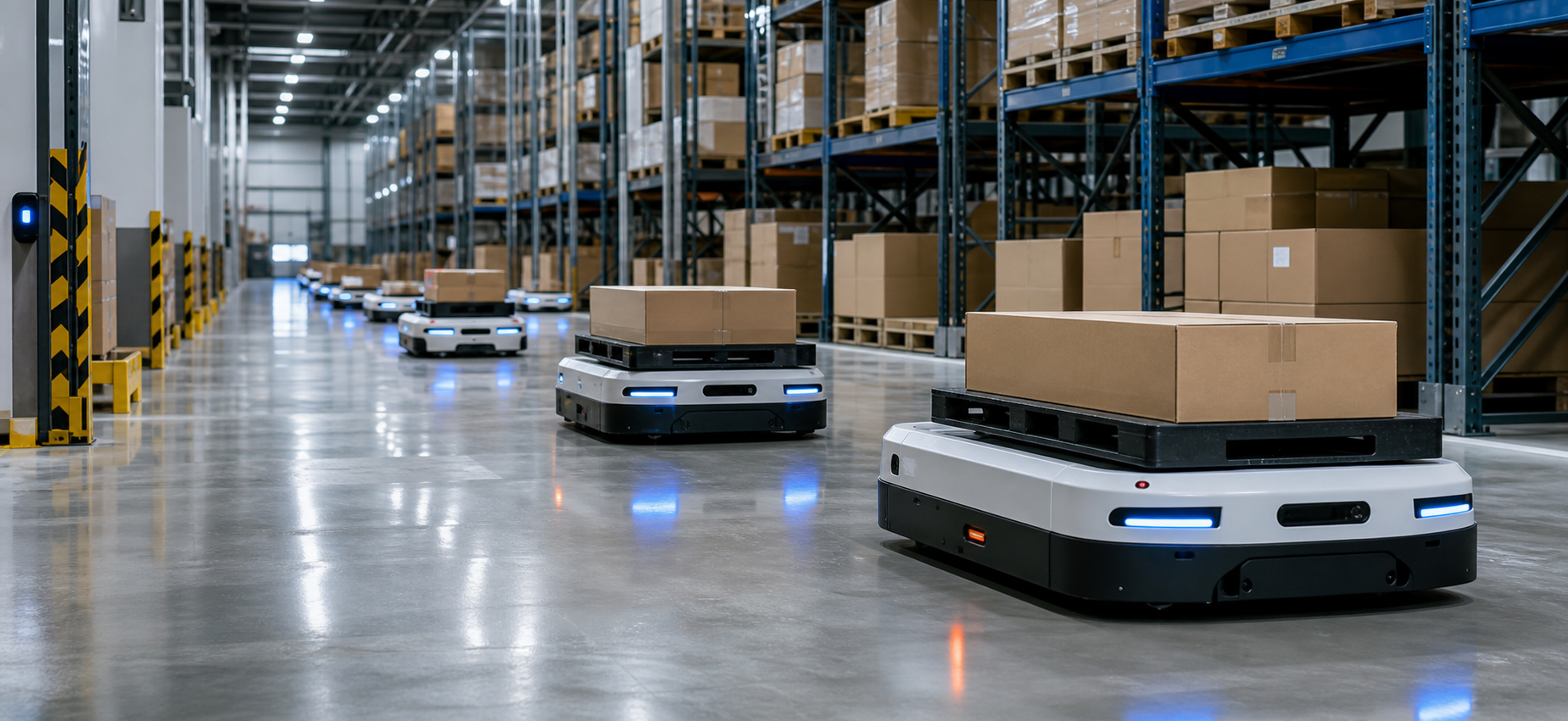 AMR and AGV warehouse robotics system moving cartons in an automated fulfillment center