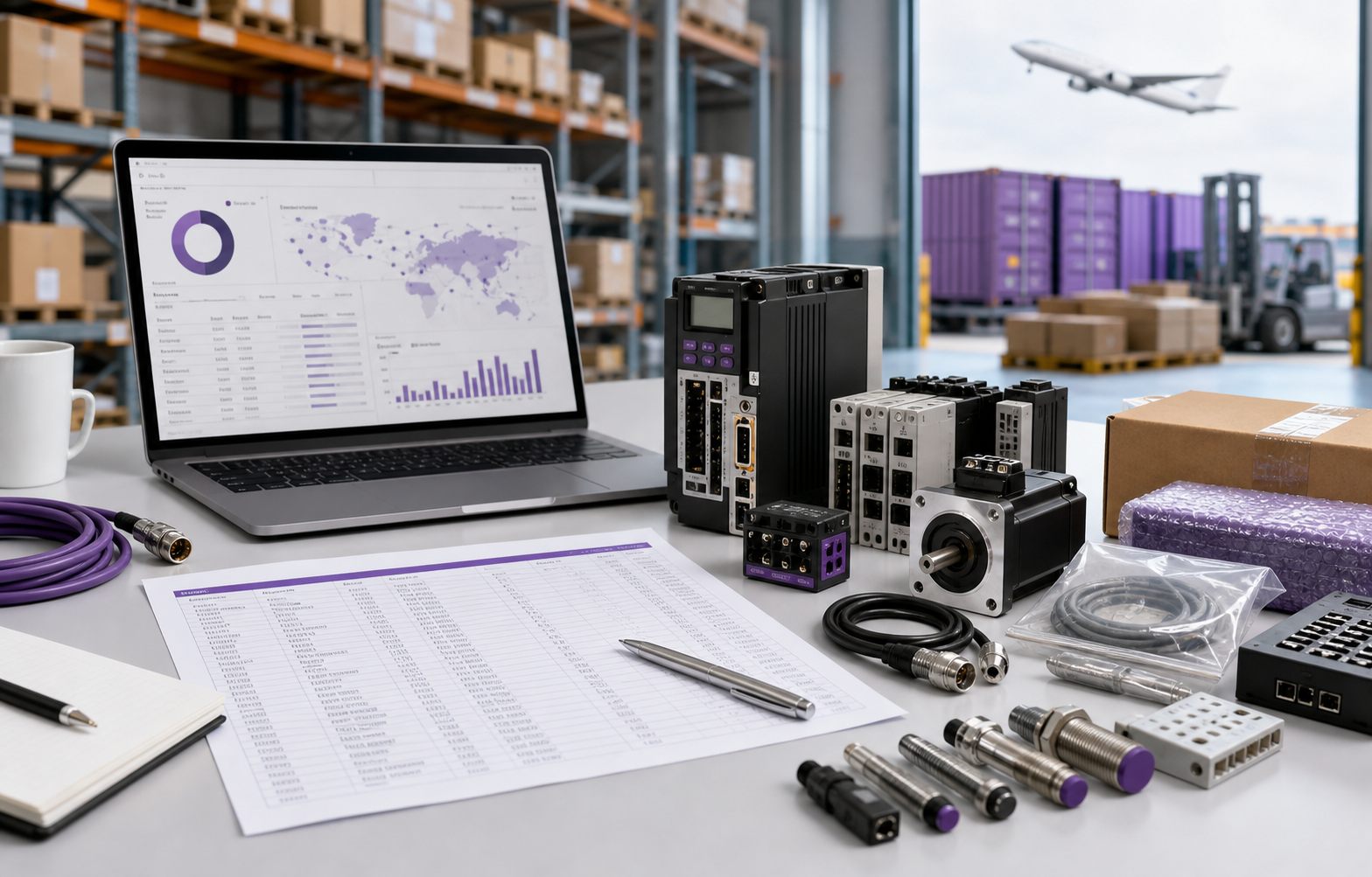 Automation component procurement desk with BOM, sensors, cables, controllers, motor, packaged parts, warehouse inventory, and global logistics