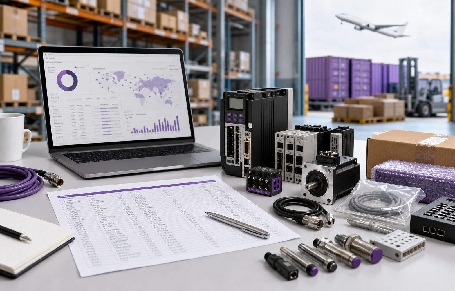Automation component procurement desk with BOM, sensors, cables, controllers, motor, packaged parts, warehouse inventory, and global logistics