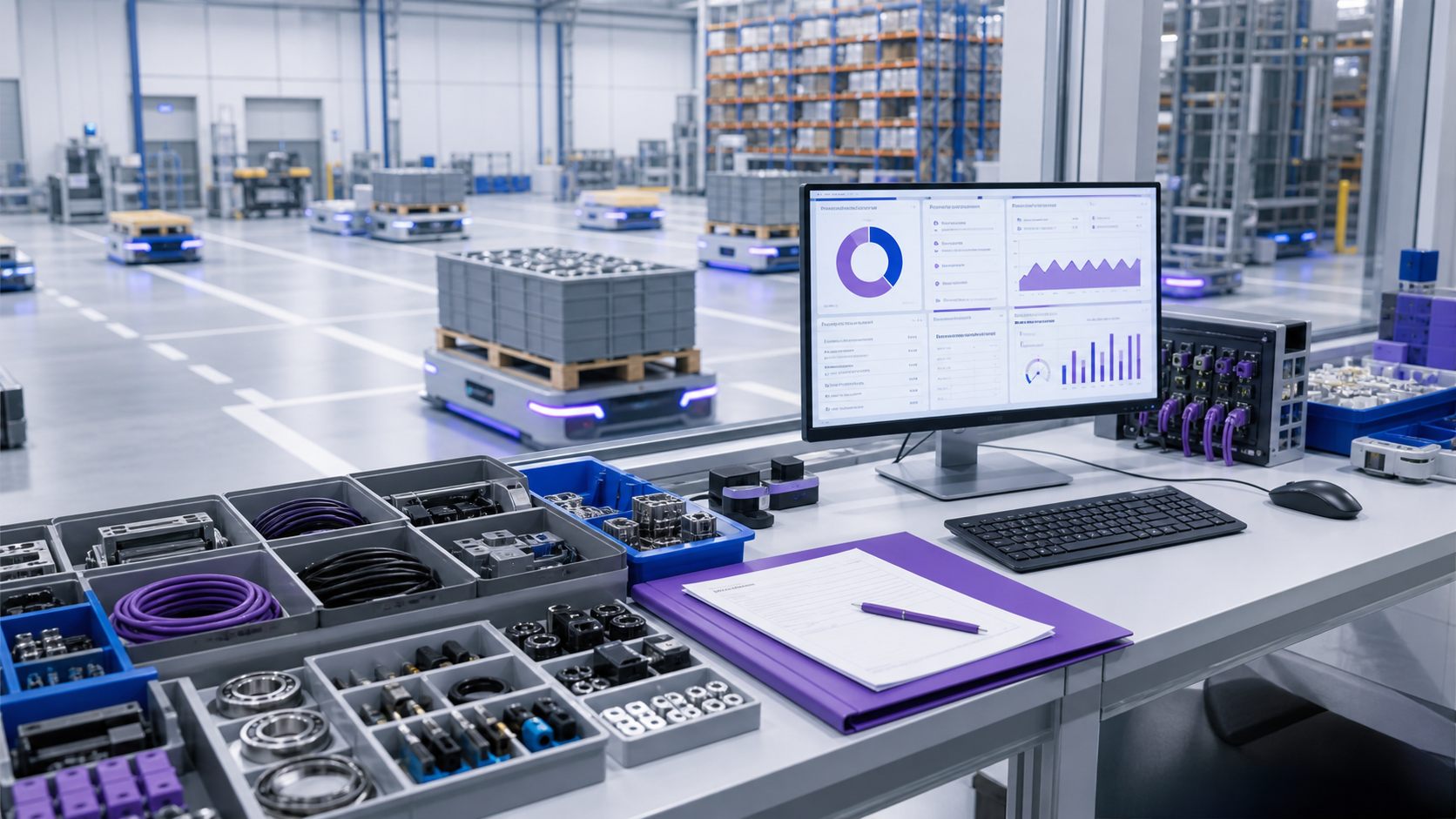 AGV warehouse procurement workstation with organized components and supply chain dashboard