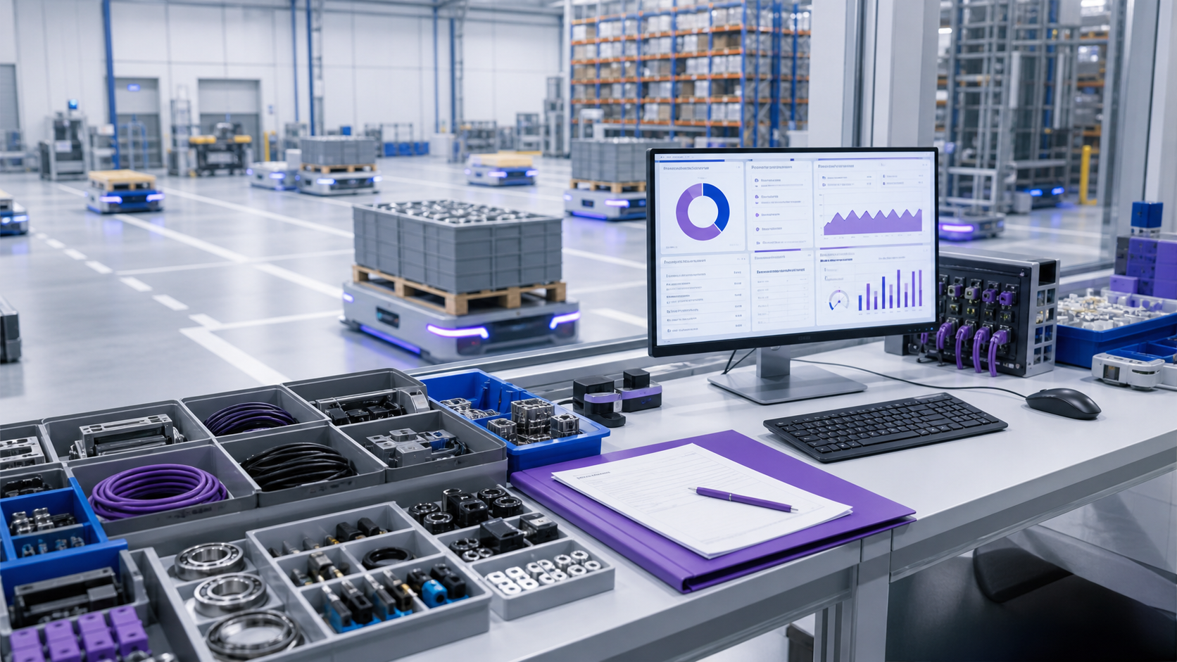 AGV warehouse procurement workstation with organized components and supply chain dashboard