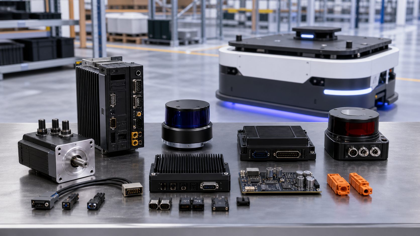 AMR robot electronic components arranged on an industrial workbench