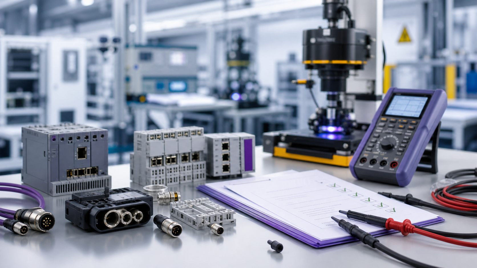 Industrial components in a quality assurance lab with compliance paperwork and test equipment
