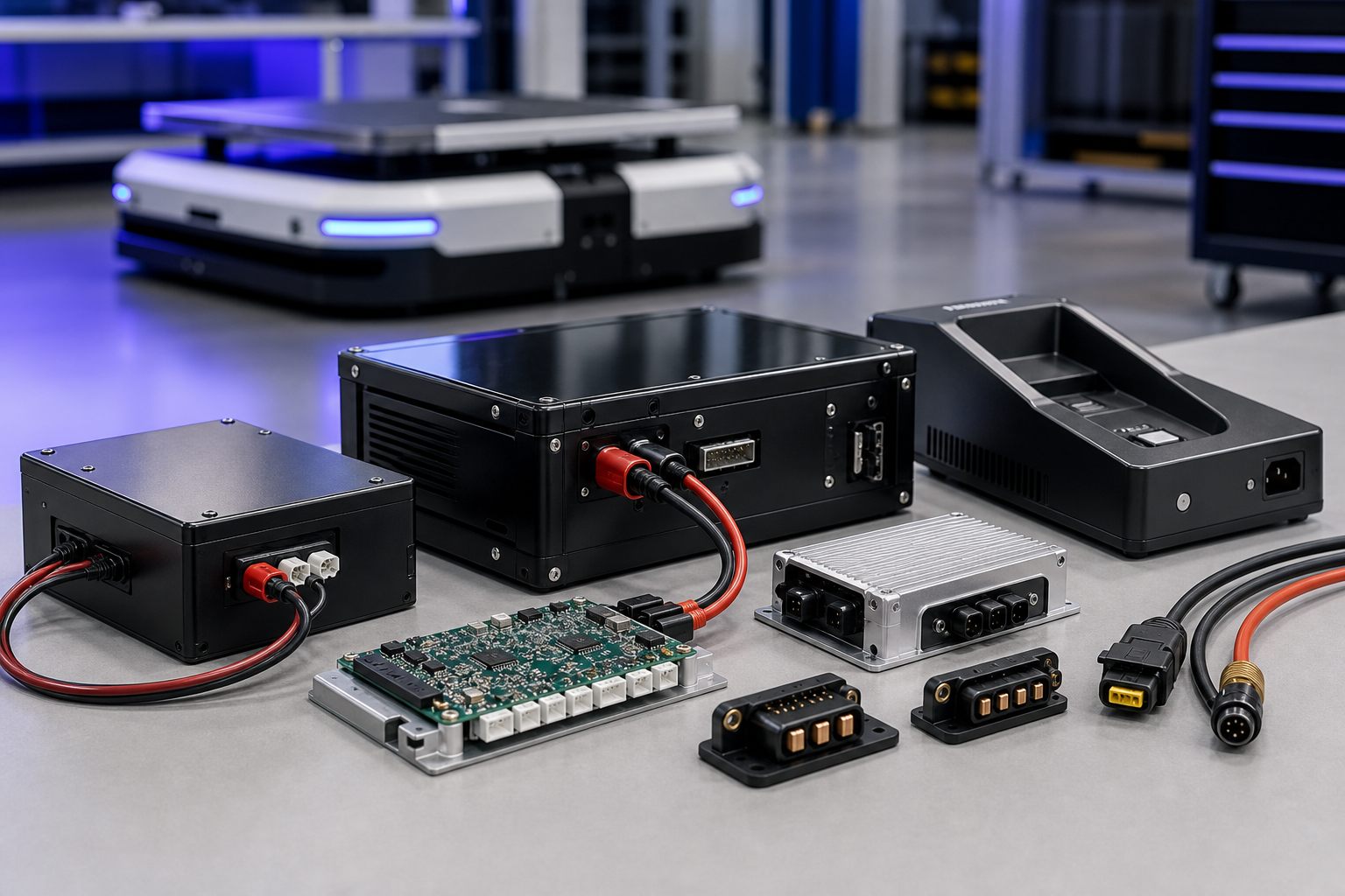 Professional product photo of lithium battery packs, BMS boards, chargers, charging contacts, and power cables for mobile robots