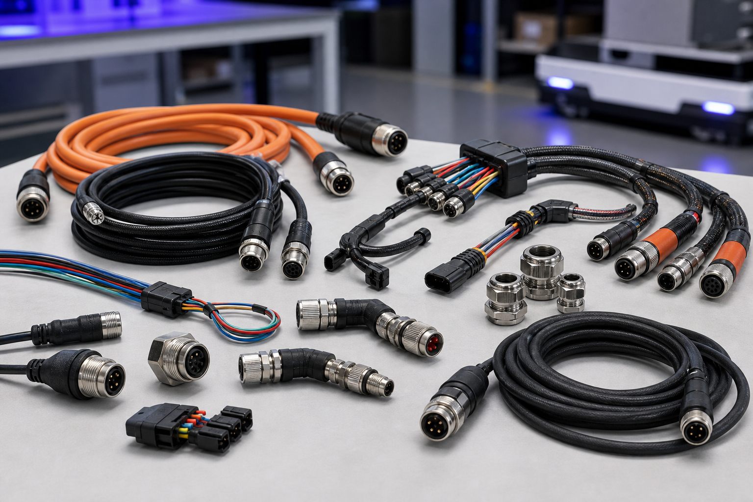 Professional product photo of industrial cable assemblies, circular connectors, shielded cables, and robot wiring harnesses
