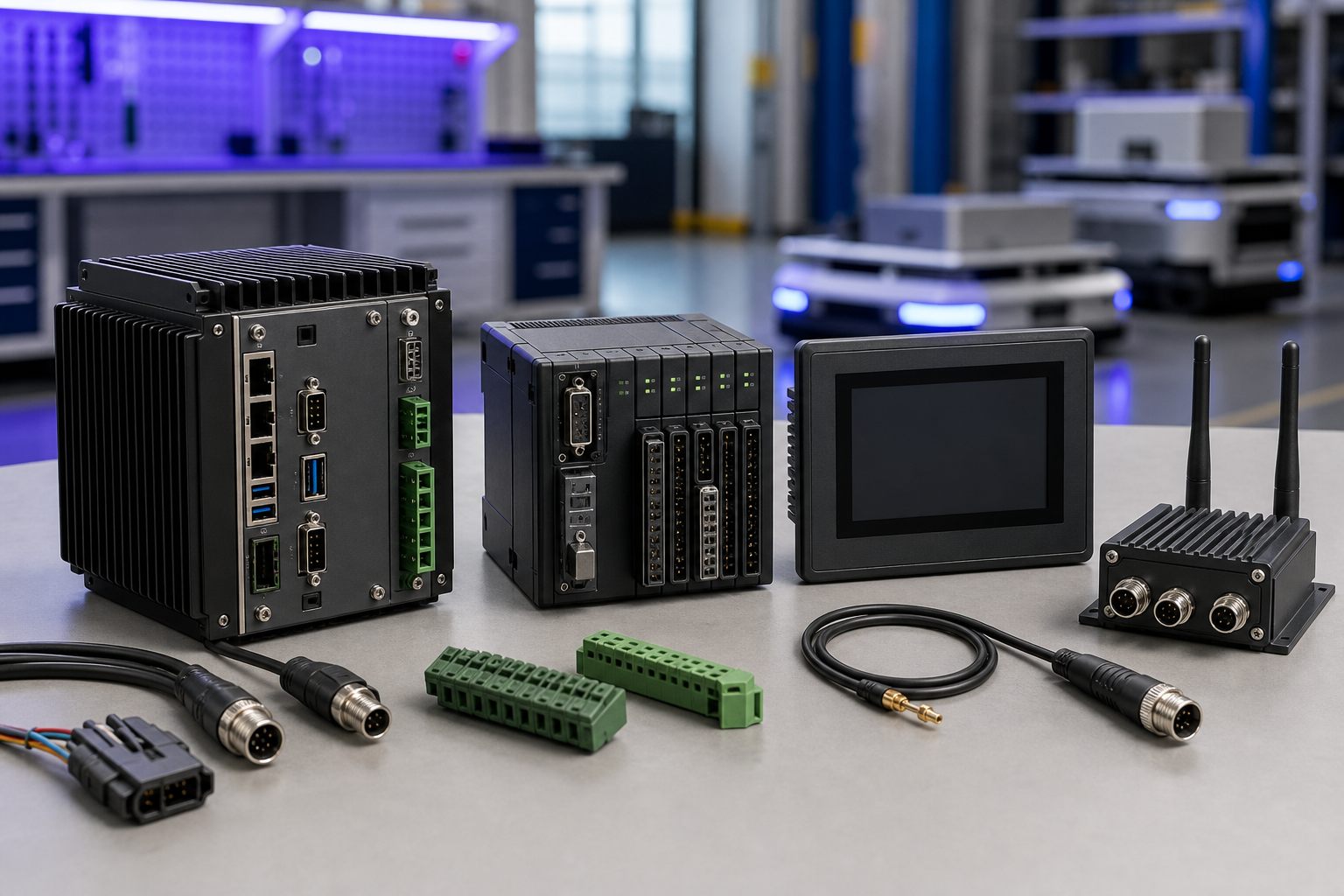 Professional product photo of industrial controllers, I/O modules, HMI, wireless module, connectors, and cables for AMR and AGV robots