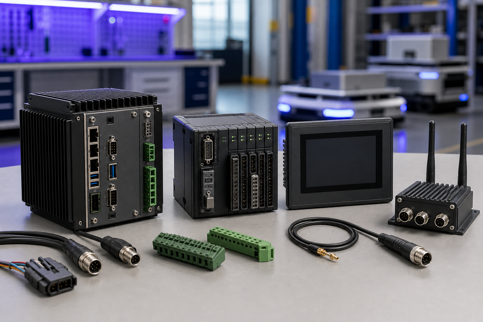 Professional product photo of industrial controllers, I/O modules, HMI, wireless module, connectors, and cables for AMR and AGV robots