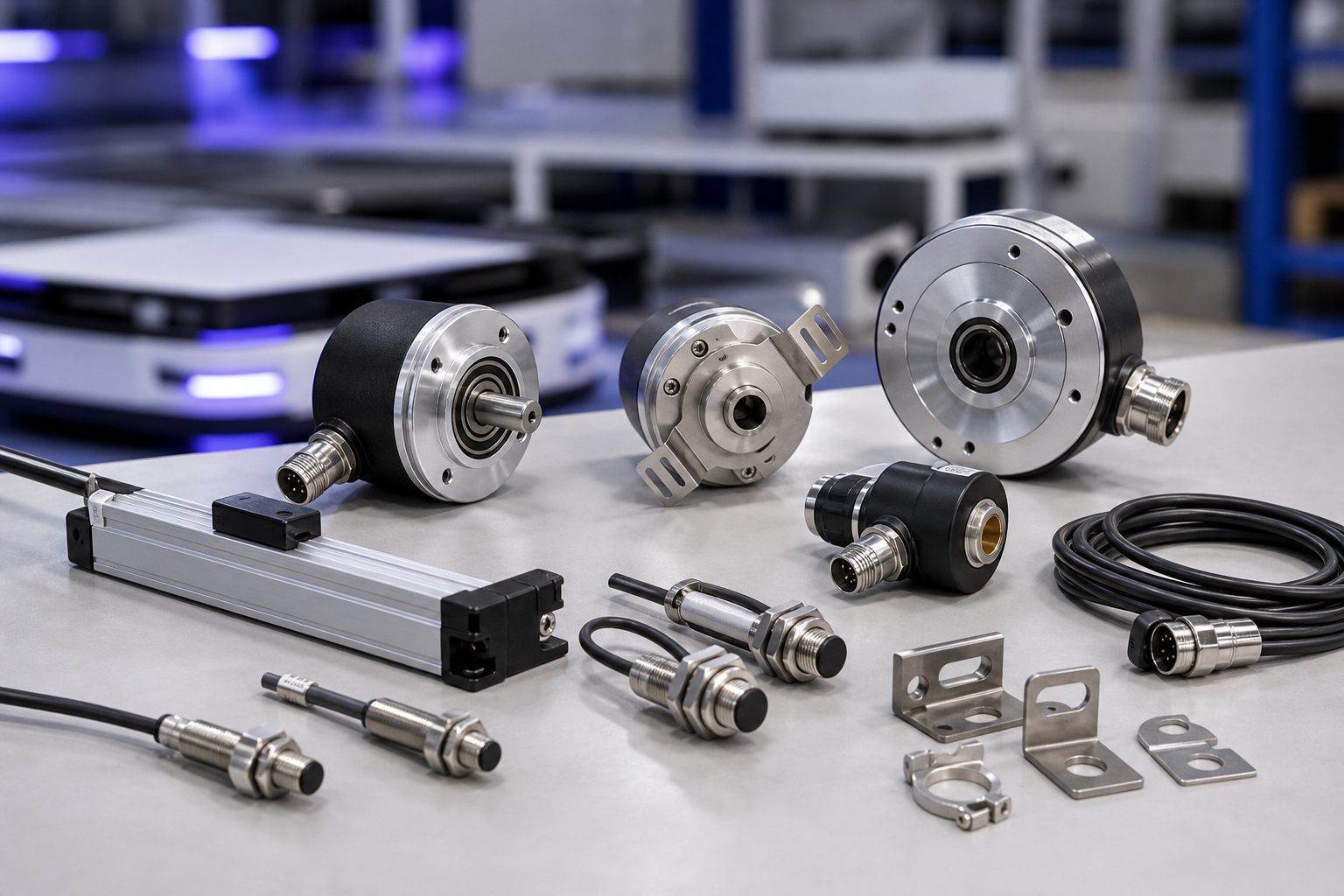Professional product photo of rotary encoders, linear feedback sensors, proximity sensors, sensor cables, and mounting brackets