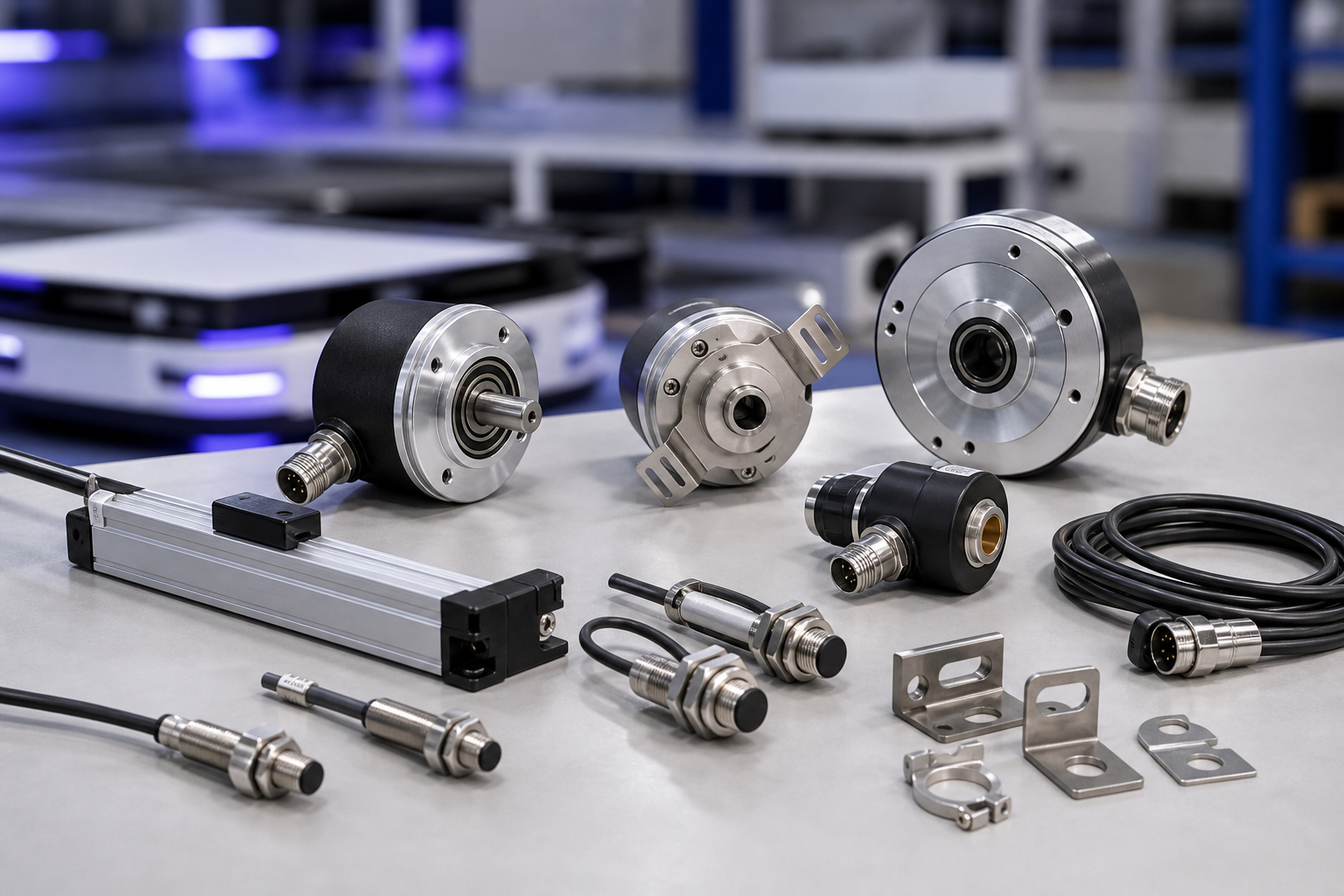 Professional product photo of rotary encoders, linear feedback sensors, proximity sensors, sensor cables, and mounting brackets