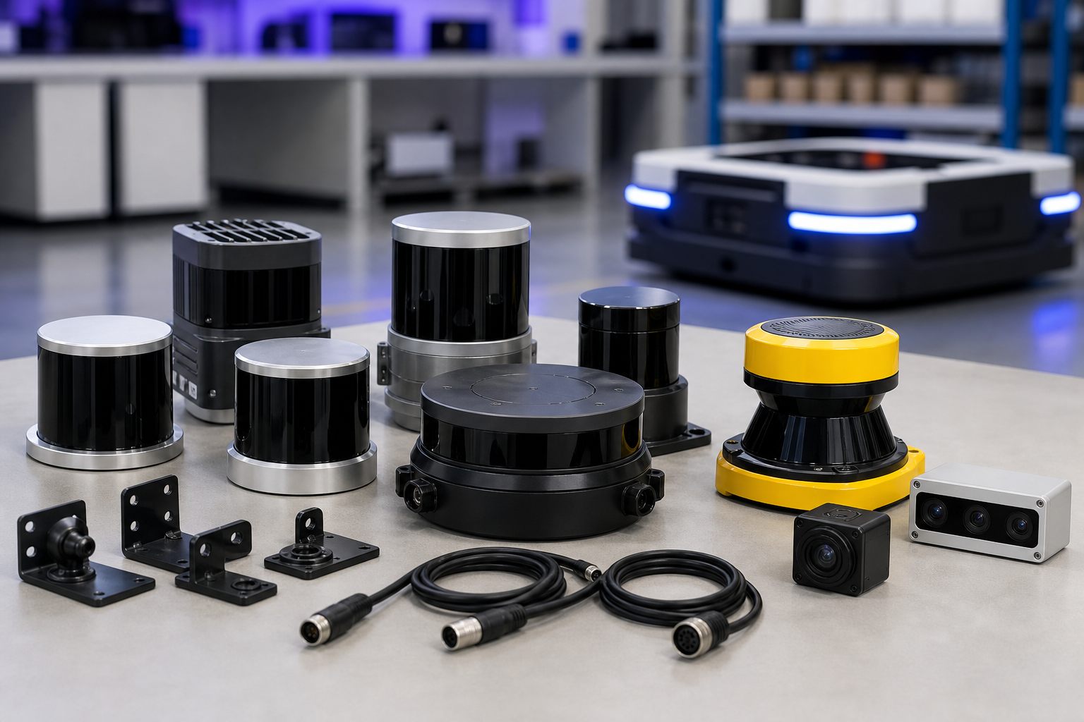Professional product photo of LiDAR sensors, safety scanners, camera modules, brackets, and cables for AMR and AGV navigation