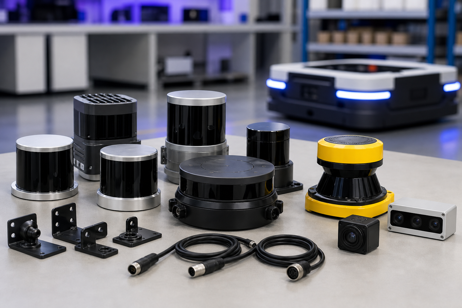 Professional product photo of LiDAR sensors, safety scanners, camera modules, brackets, and cables for AMR and AGV navigation