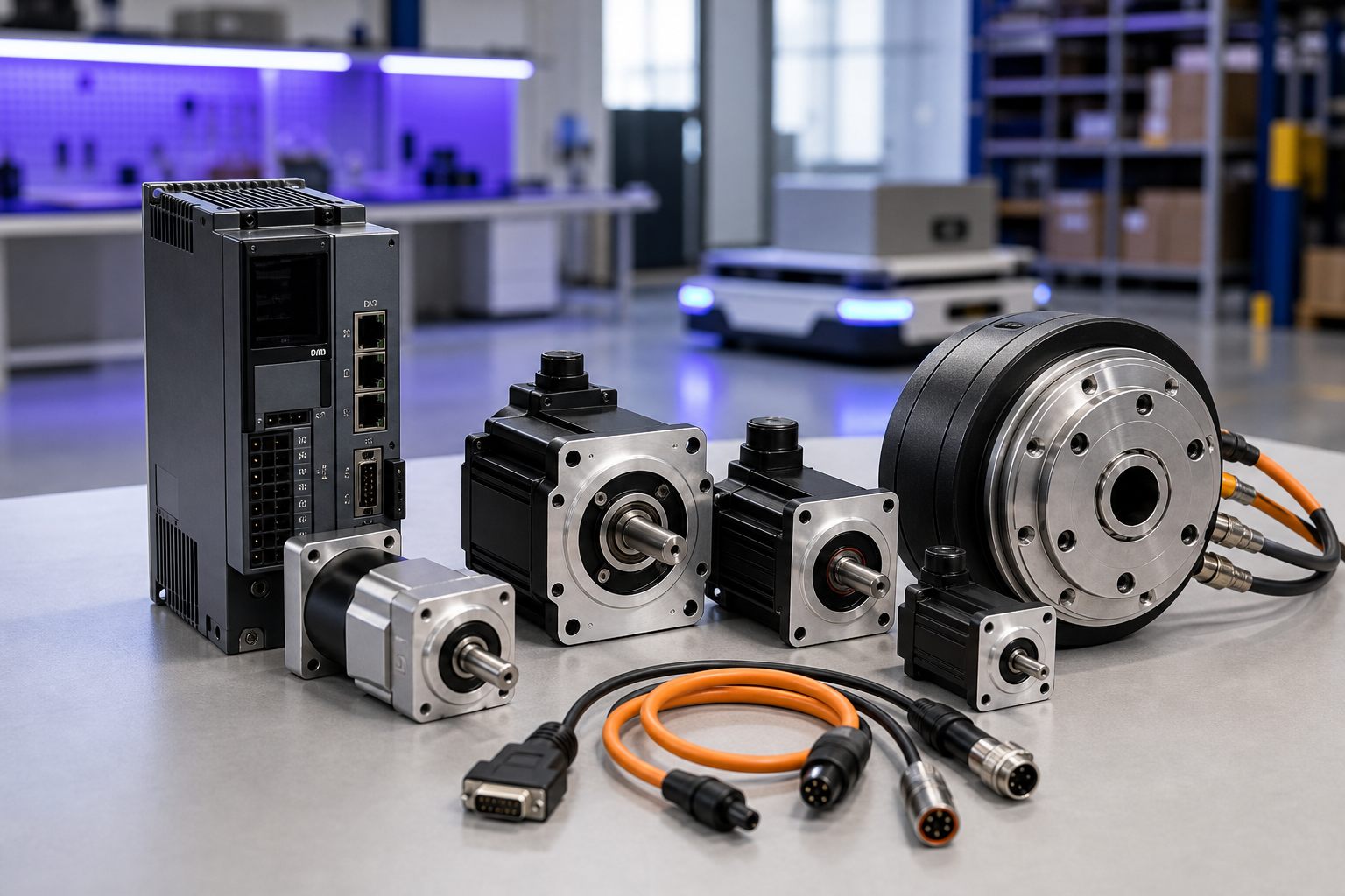 Professional product photo of servo motors, motor drives, wheel hub motor, and gear reducer for AMR and AGV drive systems