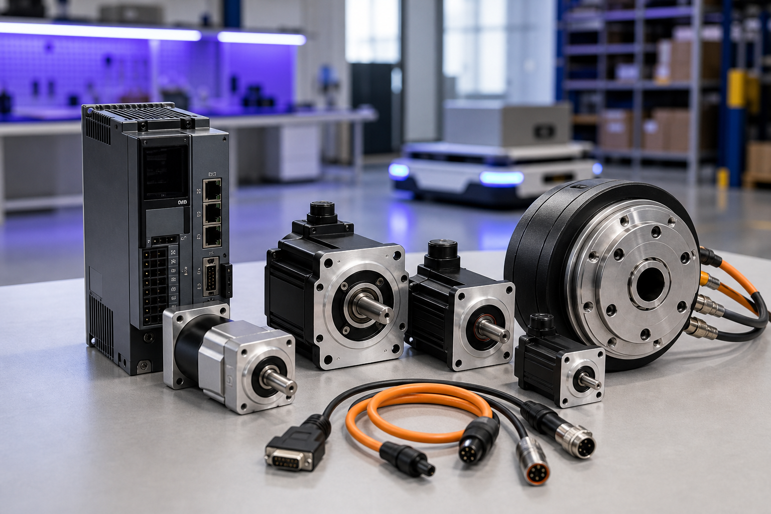 Professional product photo of servo motors, motor drives, wheel hub motor, and gear reducer for AMR and AGV drive systems