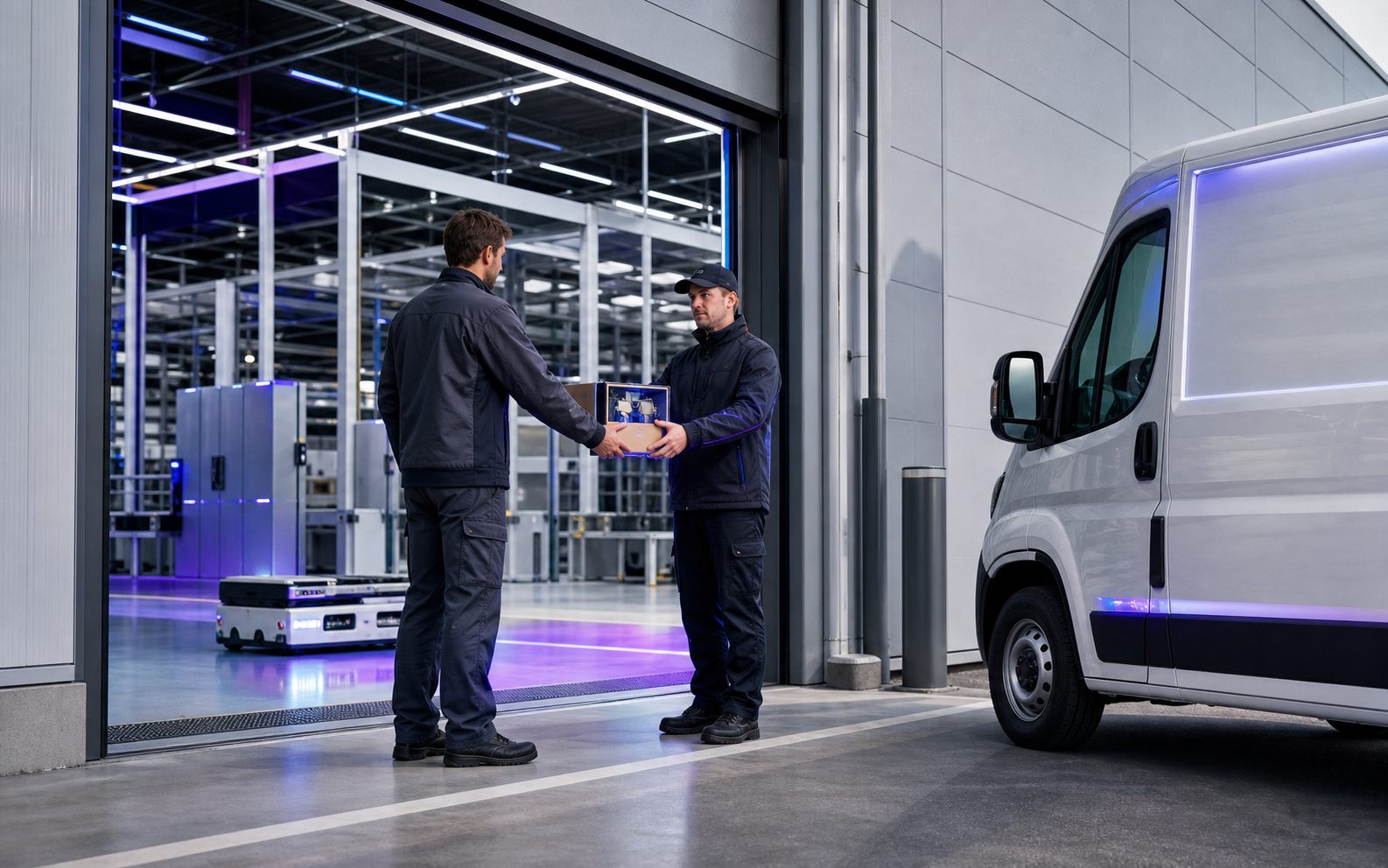 Emergency automation component delivery to a customer site with a service van, technician handoff, factory floor, and AMR robot