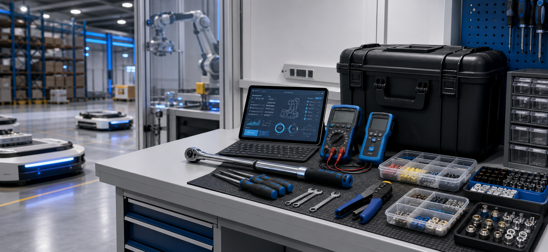 Installation and maintenance tool kits for AMR and AGV warehouse robotics systems