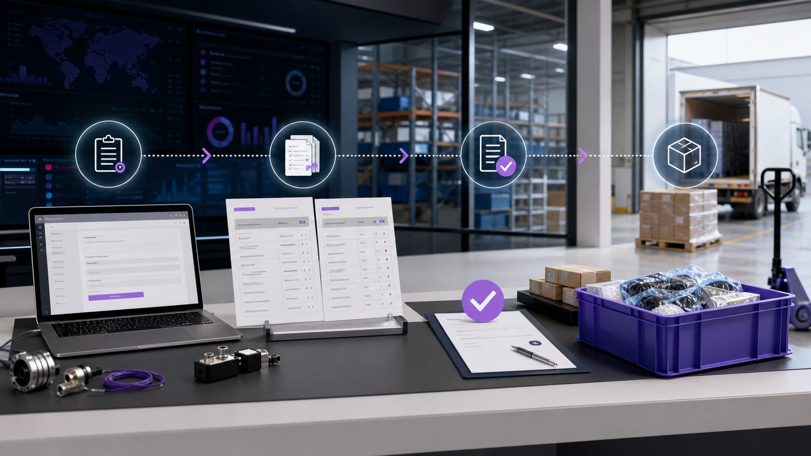 SparxPro sourcing process from submitted requirements and quote comparison to purchase approval and delivered automation components