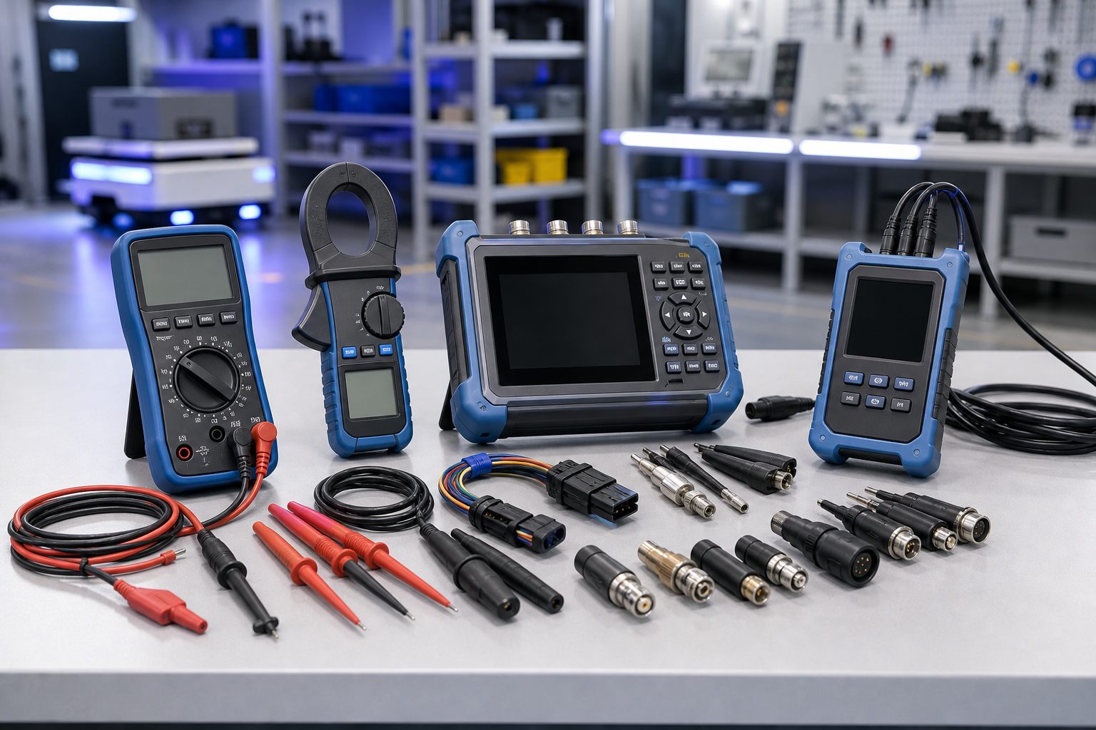 Multimeter, clamp meter, cable tester, probes, test leads, and adapters for electrical maintenance