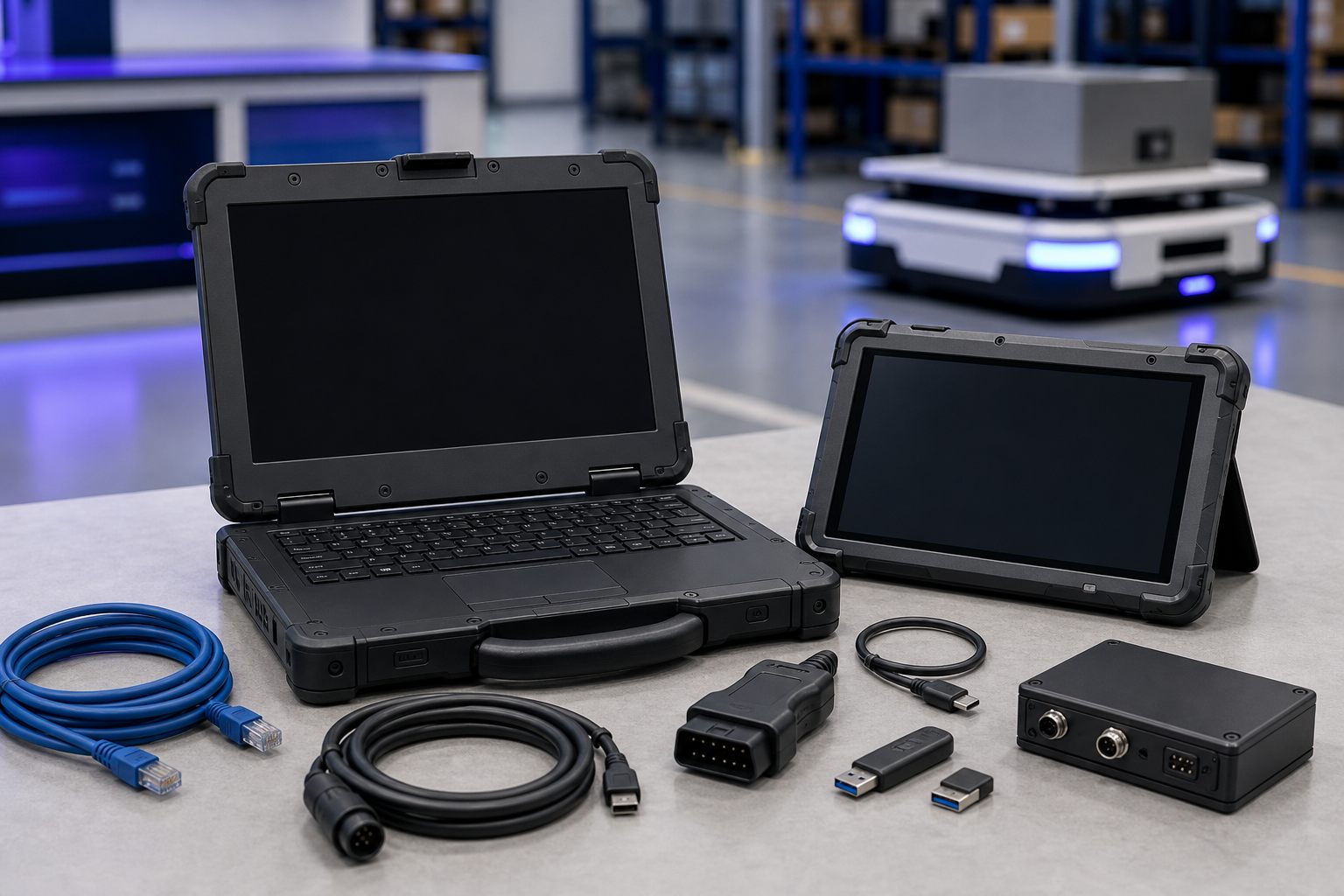 Rugged laptop, tablet, interface module, diagnostic cables, and adapters for AMR and AGV commissioning