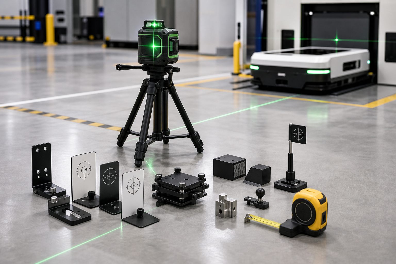Laser level, tripod, alignment targets, measuring tape, and calibration blocks for AMR and AGV installation