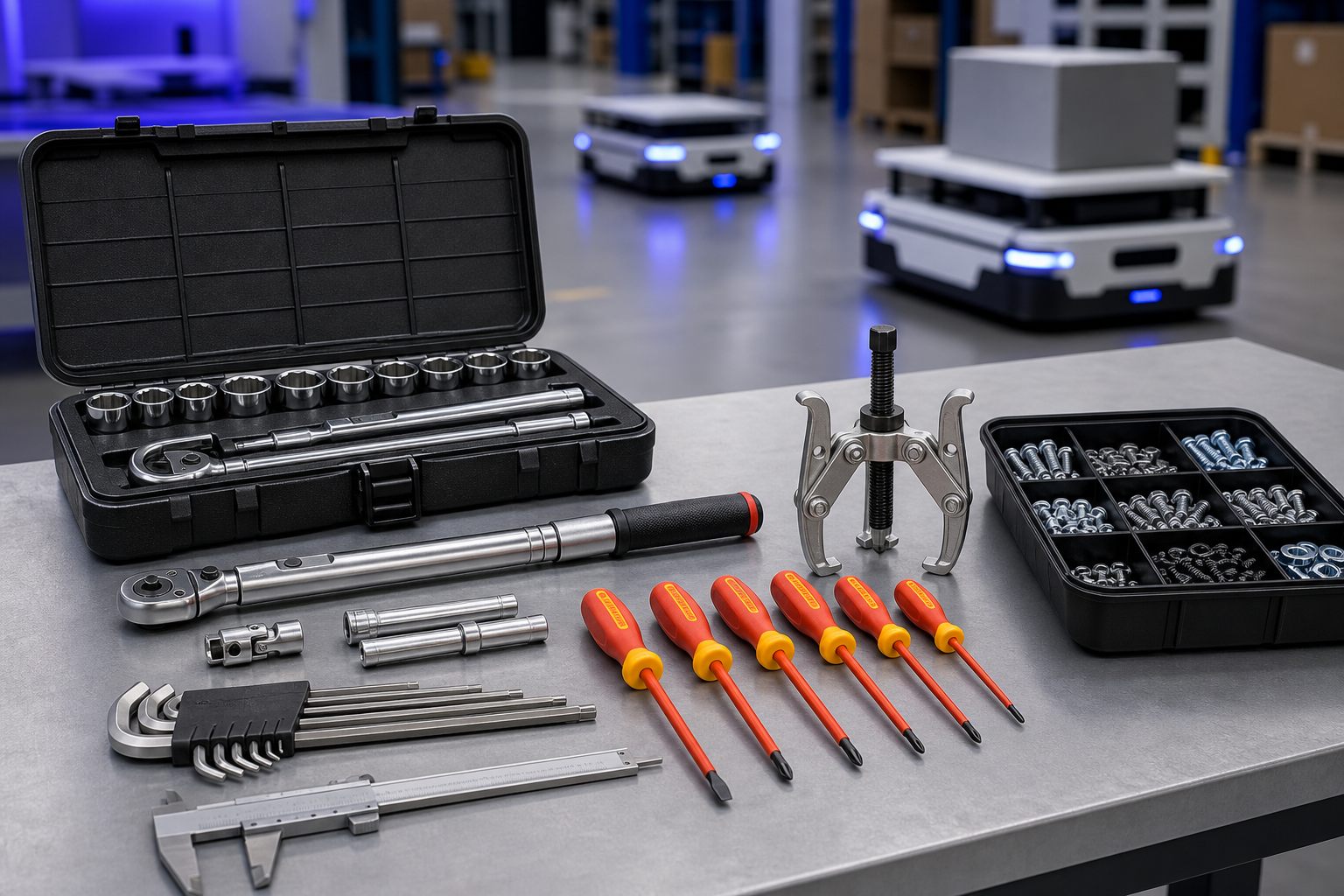Torque wrench, socket set, screwdrivers, hex keys, calipers, and mechanical tools for AMR and AGV maintenance
