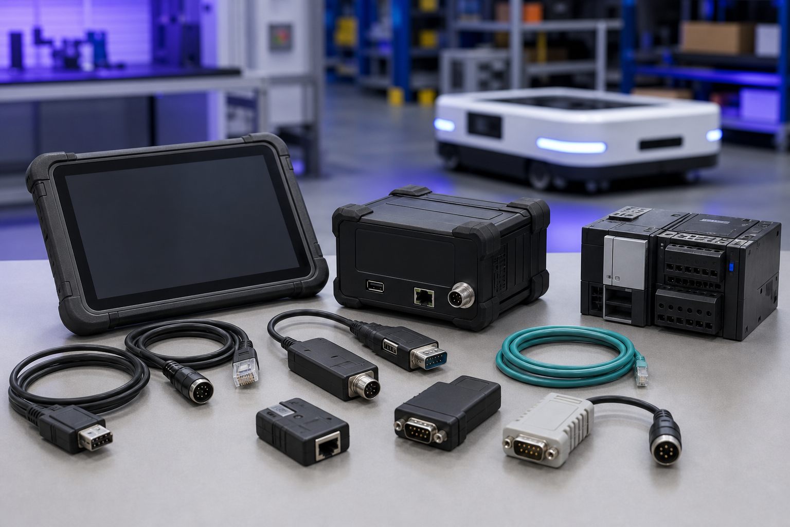 Programming adapters, PLC cables, interface module, controller, Ethernet cables, and service tablet for robot programming