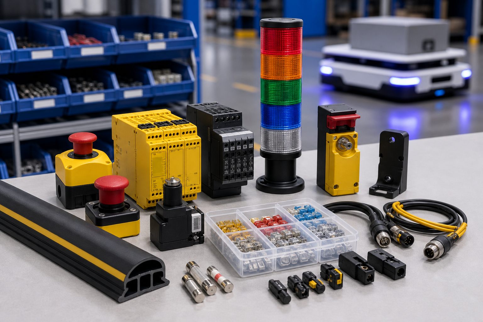Emergency stop buttons, safety relays, warning light, fuses, interlock switch, and safety spares for AMR and AGV service kits