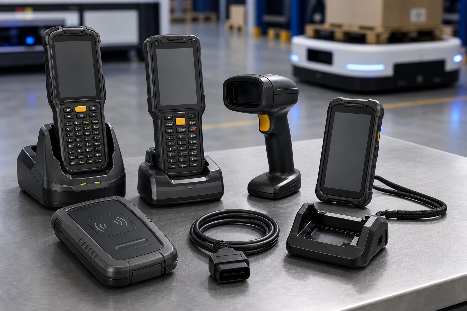 Handheld barcode scanners, RFID scanner, diagnostic scanner, charging cradle, and scanner dock for AMR operations